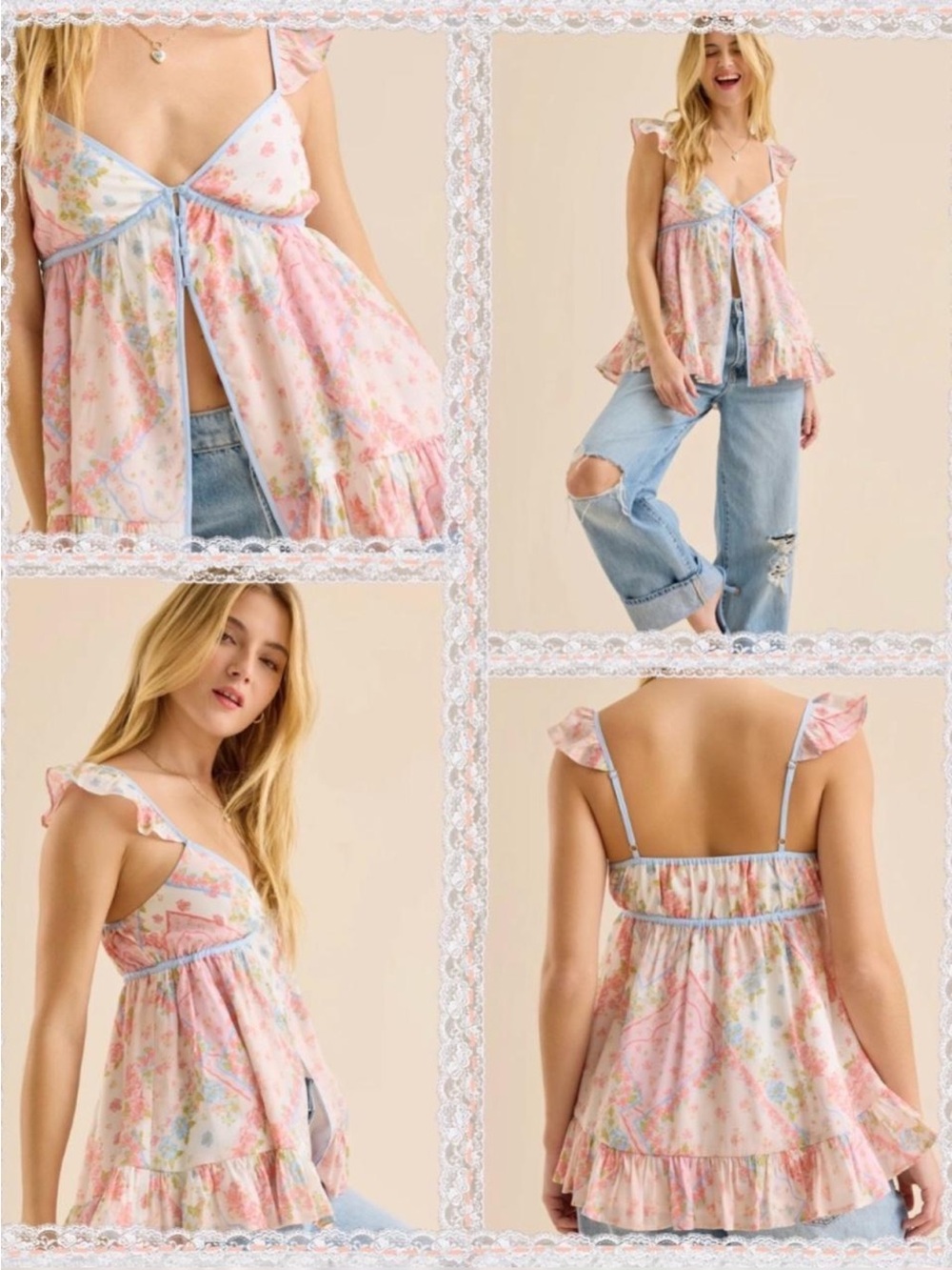 Altar'd State Cream Floral Babydoll Tank